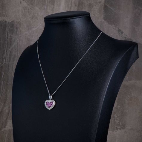 Pre-Owned 18ct White Gold Diamond & Pink Sapphire Heart Necklace – 18” Chain