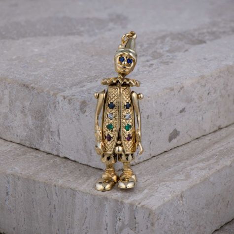 Solid 9ct Gold Vintage Clown Pendant Charm 55mm – Gem Set – 8.6g – Pre-Owned