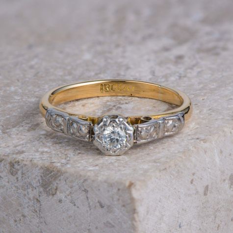 18ct Yellow Gold & Platinum Diamond Vintage Engagement Ring – 0.10ct Total – Size I ½