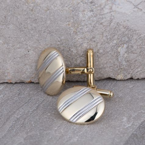 9ct Yellow & White Gold Striped Oval Cufflinks – 14mm x 17.8mm – Pre-Owned, Excellent Condition
