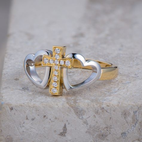 Pre-Owned 18ct Yellow & White Gold Diamond Cross Two Heart Ring – Size Q (5.3g)