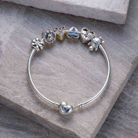 Authentic Pandora Moments Bangle Bracelet with 6 Charms – Sterling Silver & 14k Gold Hearts Ladies 7” 27.8g
