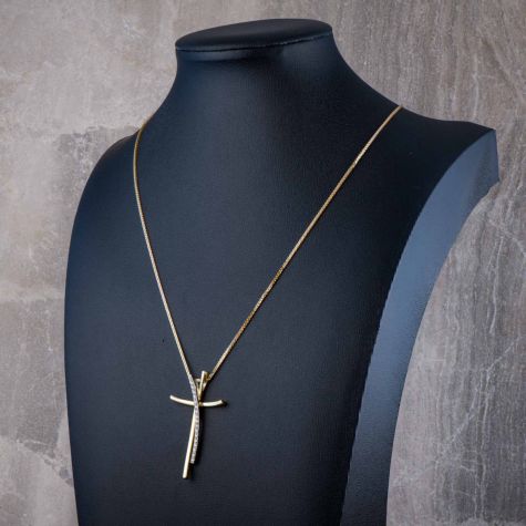 14ct Yellow & White Gold Cross Pendant with Spiga Chain 20”  - Preowned