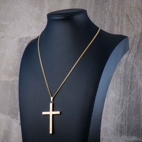 9ct Gold Curb Chain & Cross Pendant | Solid Heavy 16g | Fully Hallmarked | 22” Chain | Large Ornate Cross