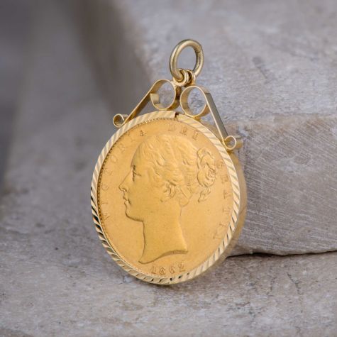 1862 Queen Victoria Full Sovereign Coin Pendant – Shield Back, 9ct Gold Mount