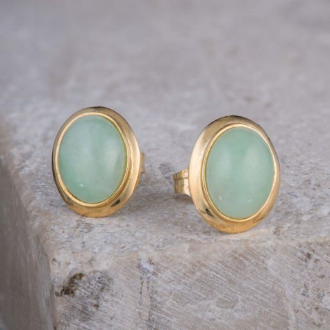 14ct Yellow Gold Jade Stud Earrings – Oval Jade Cabochon Classic Studs