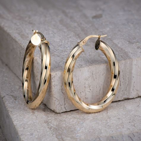 Preowned 9ct Yellow Gold Twisted Oval Hoop Earrings – 35mm