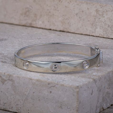 Solid 9ct White Gold Children's Bangle Bracelet 10.5g Heavy Screw Motif Baby & Child Bangle 6mm