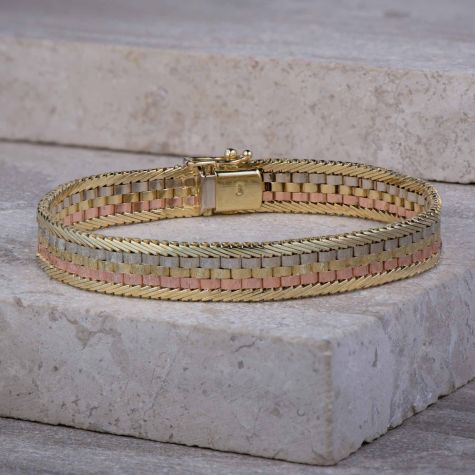 Vintage 9ct Gold Tricolour Bracelet – Solid Heavy Multi-Tone Gold Bracelet 7.5" - 19.5g