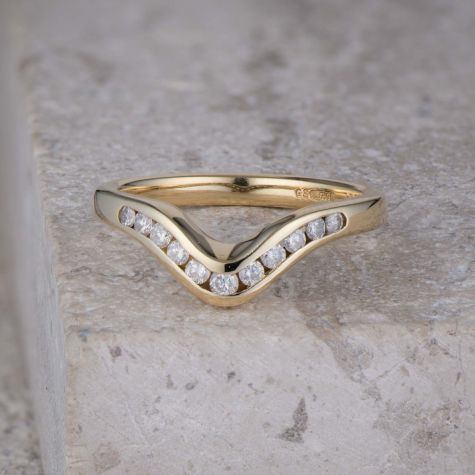 18ct Yellow Gold 0.12ct Diamond Set Wishbone Wedding Ring, Curved V Band, Stackable Bridal Ring, Size J, 3.3g, Hallmarked