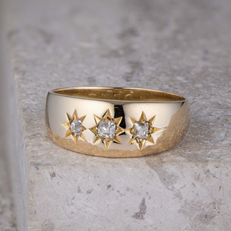 Antique Edwardian 18ct Yellow Gold Diamond Gypsy Ring, Star Set Trilogy Diamonds, Size M, 7.5mm Wide, 4.4g