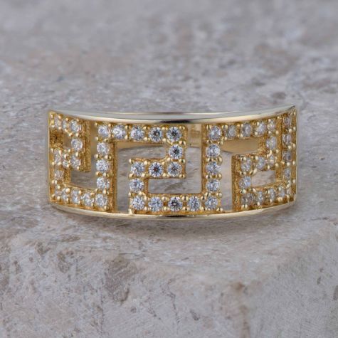 Solid 14ct Gold Greek Key Crystal Dress Ring – Size Q