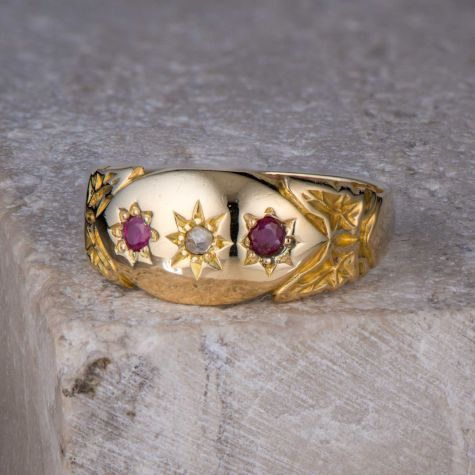  18ct Yellow Gold Diamond & Ruby Antique 1911 Gypsy Ring – Size L