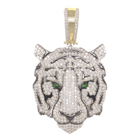 9ct Yellow Gold Solid  Iced Out Gem-set Tiger Head Pendant     