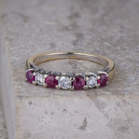 18ct Gold Ruby and Diamond Half Eternity Ring, 0.22ct, 7 Stone, Size L, 3g