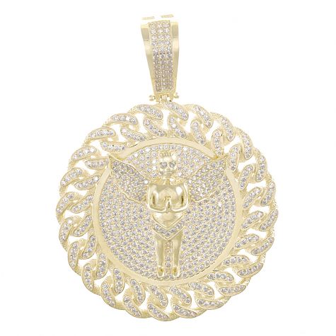 9ct Yellow Gold Round Iced Out Medallion Cherub Pendant     