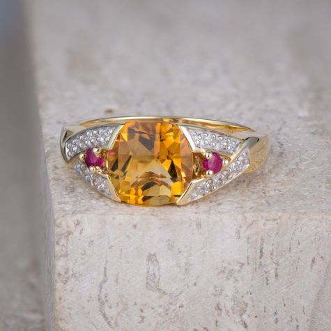 9ct Gold Citrine Ruby & Diamond Ring Size N Large Oval Citrine Statement Dress Ring 3.3g Vintage Style Gemstone