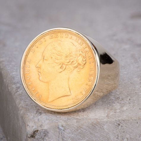 Victorian 1884 Full Sovereign Coin Ring 22ct & 9ct Gold Size Z Large Statement Signet Style