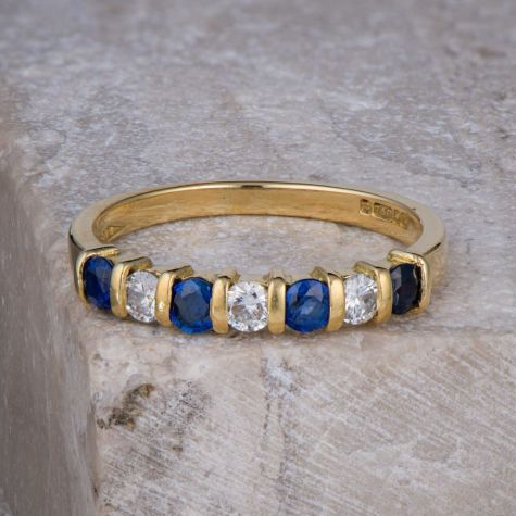 18ct Yellow Gold Pre-Owned 0.18ct Diamond & Sapphire Half Eternity Ring – Size J