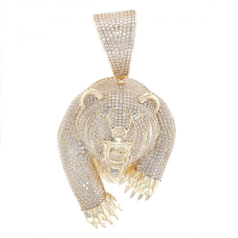 9ct Yellow Gold Iced Out Cubic Zirconia 3D Bear's Head Pendant