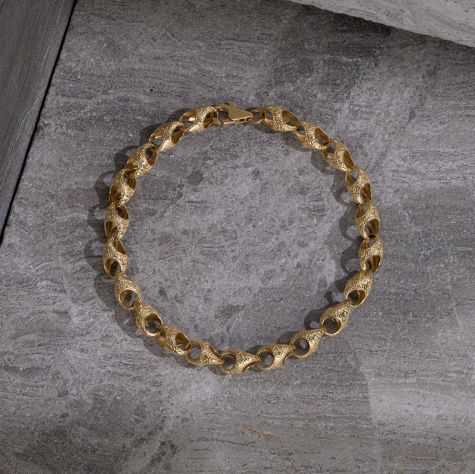 9ct Solid Yellow Gold Patterned Acorn Bracelet - 7.7mm - 9" - Gents