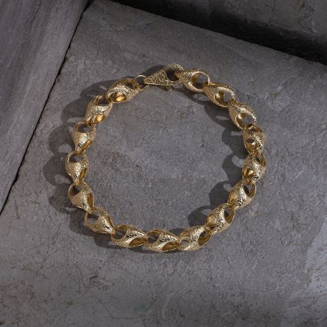 9ct Solid Yellow Gold Patterned Acorn Bracelet - 10mm - 8" (Ladies)