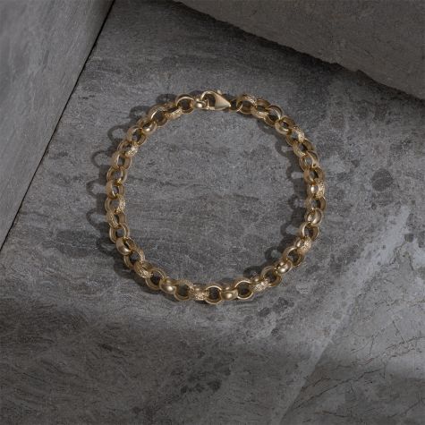 9ct Yellow Gold Solid Half Patterned Belcher Bracelet - 8mm - 9" (Gents)
