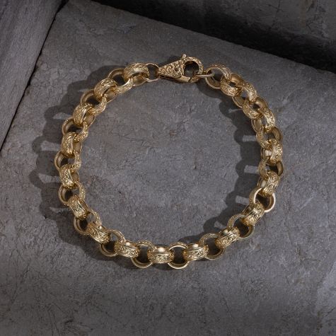 9ct Yellow Gold Solid Ornate Fully Patterned Belcher Bracelet - 9.5mm - 9.25" (GENTS)