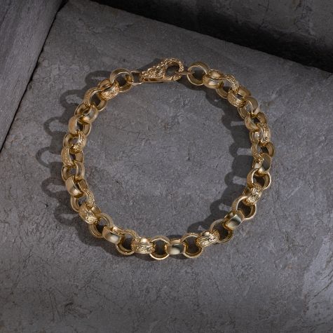9ct Yellow Gold Solid Ornate Half Patterned Belcher Bracelet - 9.5mm - 6.5" (CHILDS)