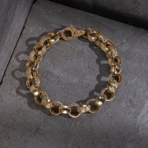 9ct Yellow Gold Solid Ornate Half Patterned Belcher Bracelet - 12.5mm - 10" - (GENTS)