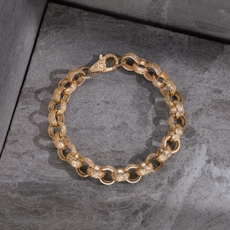 9ct Yellow Gold Solid Ornate Fully Patterned Belcher Bracelet - 12.5mm - 9.5" - (GENTS)
