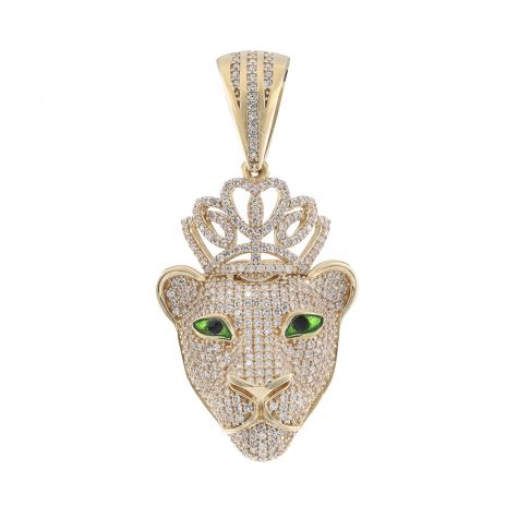 9ct Yellow Gold Iced Out Gem Set Lioness Head Pendant       