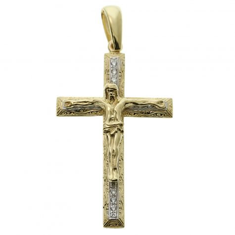 9ct Yellow Gold Ornate Gem-set Classic Crucifix Cross Pendant