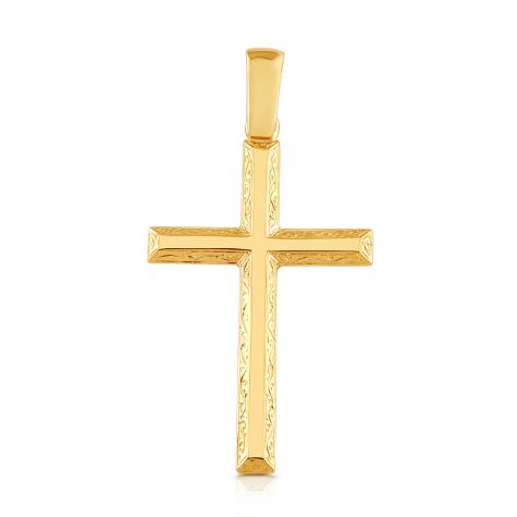 9ct Yellow Gold Large Solid Patterned Bevelled Edge Cross Pendant