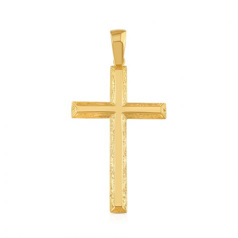 Solid 9ct Yellow Gold Patterned Bevelled Edge Cross Pendant- 67mm