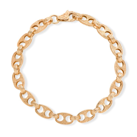 9ct Yellow Gold Ornate Patterned Mariner / Belcher Link Bracelet - 8mm - 9" - Gents