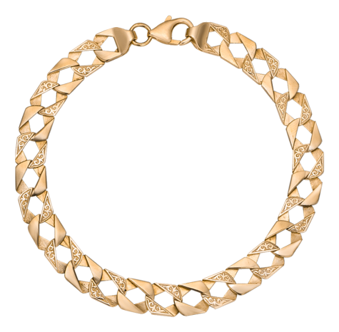 9ct Gold Solid Ornate Pattern Square Curb Bracelet - 7.7mm - 8.75" - Gents