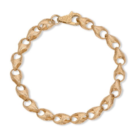 9ct Solid Yellow Gold Patterned Acorn Bracelet - 8.5mm - 8"- Ladies