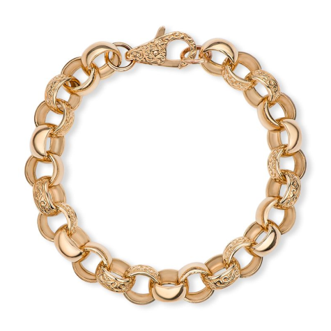 9ct Yellow Gold Solid Ornate Half Patterned Belcher Bracelet - 12.5mm - 9.5" - (GENTS)