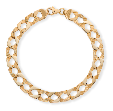 9ct Yellow Gold Ornate Patterned Square Curb Bracelet - 9mm - 6.5" - (CHILDS)