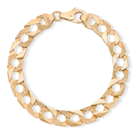 9ct Gold Solid Ornate Pattern Square Curb Bracelet - 10.5mm - 8.75" - Gents
