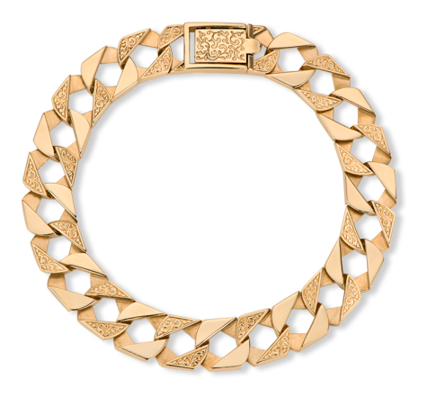 9ct Yellow Gold Solid Ornate Pattern Square Curb Bracelet - 12mm - 9" - Gents