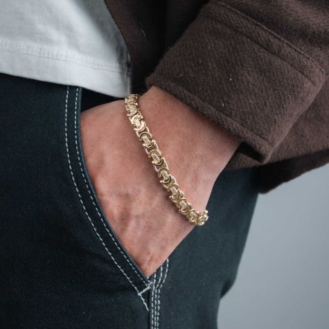 9ct Yellow Gold Solid Ornate Patterned Byzantine Bracelet - 8mm Wide - 8.75" Inch - Gents