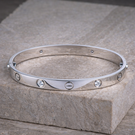 Pre-Owned 18ct White Gold Diamond Screw Bangle – 7 Inch, 6mm Heavy 27.8g Solid Band