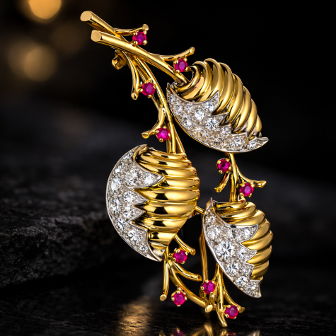 Vintage 18ct Gold & Platinum Diamond and Pink Sapphire Brooch – WGI Certified