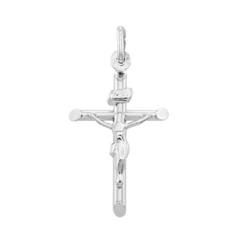9ct White Gold Round Tubed Crucifix Cross Pendant - 34mm