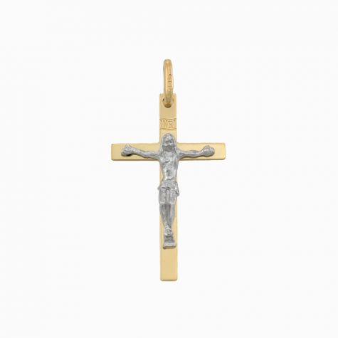 9ct Yellow & White Gold Flat Crucifix Cross Pendant - 34mm