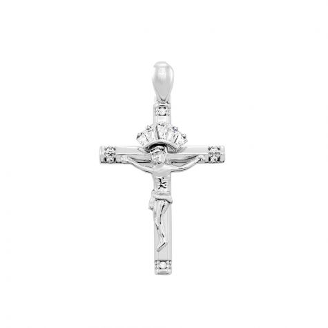 9ct White Gold Ornate Gem-Set Crucifix Cross Pendant - 30mm