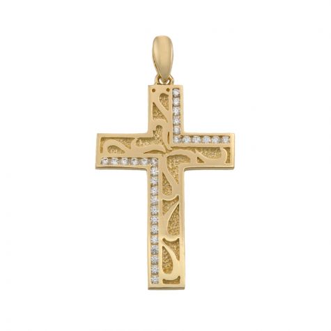9ct Yellow Gold Fancy Design Gem-set Cross Pendant - 38mm