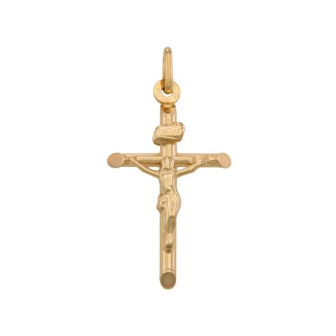 9ct Yellow Gold Small Hollow Tubed Crucifix Cross Pendant - 35mm